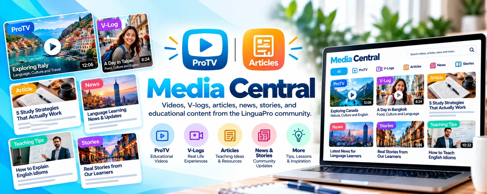 Media Central - Videos, V-logs, articles, social media, messaging, and more from the LinguaPro community.